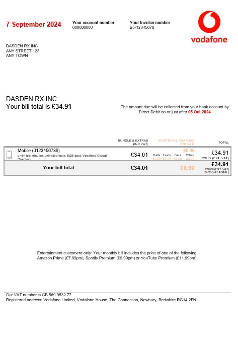 United Kingdom Vodafone business utility bill Word and PDF template PSD template